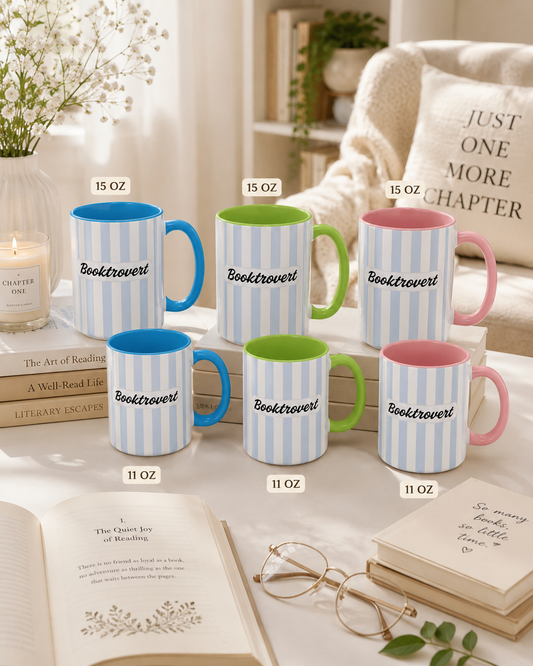 Booktrovert Mug, Blue Striped Book Lover Coffee Mug, Introvert Reader Gift, Cute Bookish Mug, Cozy Reading Cup, 11oz 15oz Accent Mug