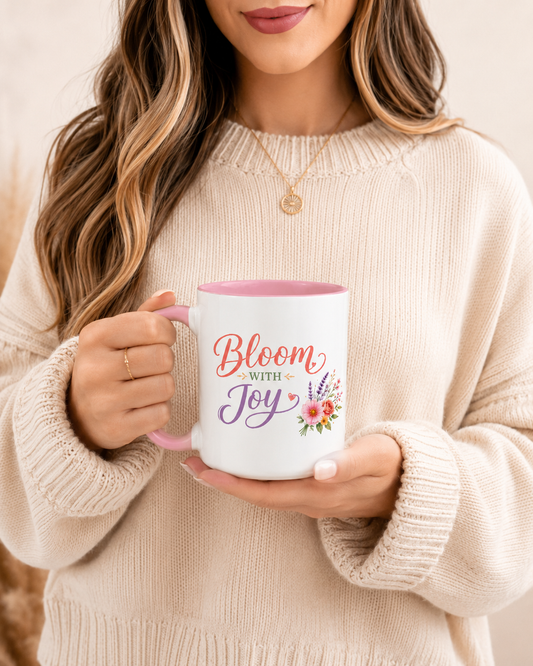 Bloom with Joy Floral Mug, Positive Quote Coffee Cup, Inspirational Flower Mug, Spring Gift for Her, Cute Pastel Botanical Mug
