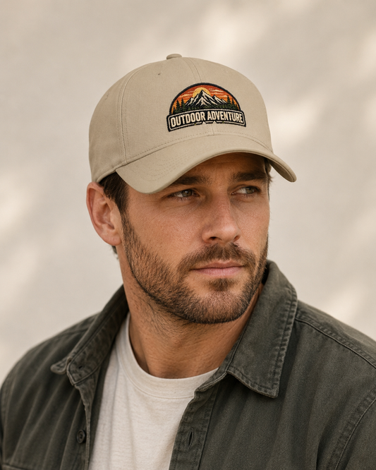 Outdoor Adventure Mountain Hat, DTG Printed Cap for Men, Nature Landscape Baseball Cap, Hiking Camping Dad Hat, Outdoor Lover Gift