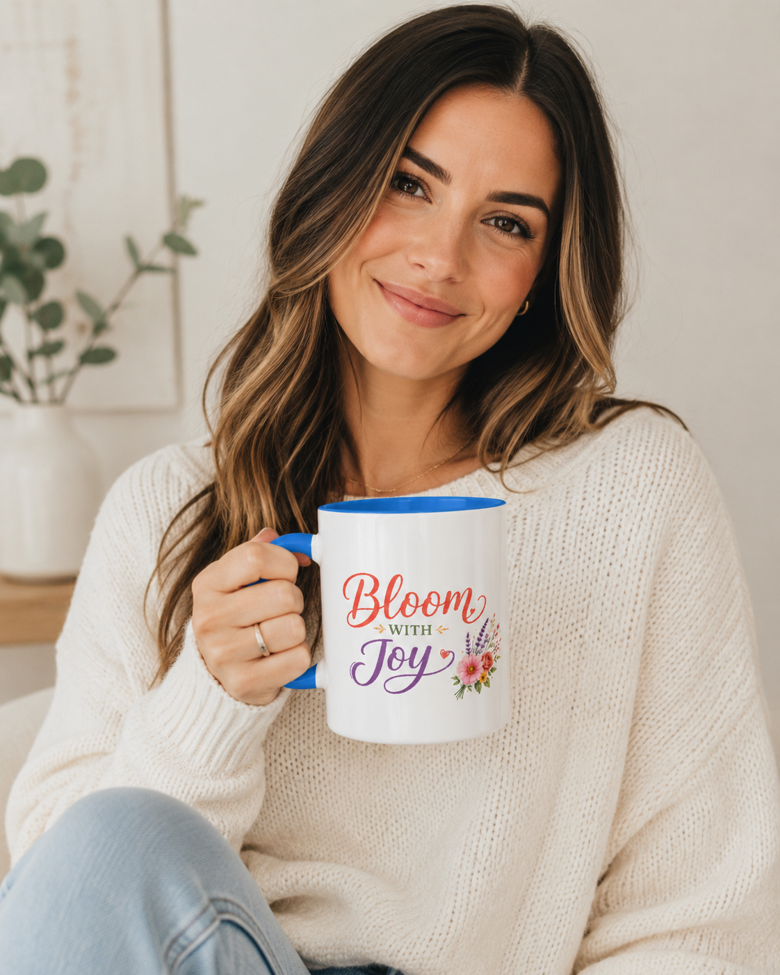 Bloom with Joy Floral Mug, Positive Quote Coffee Cup, Inspirational Flower Mug, Spring Gift for Her, Cute Pastel Botanical Mug